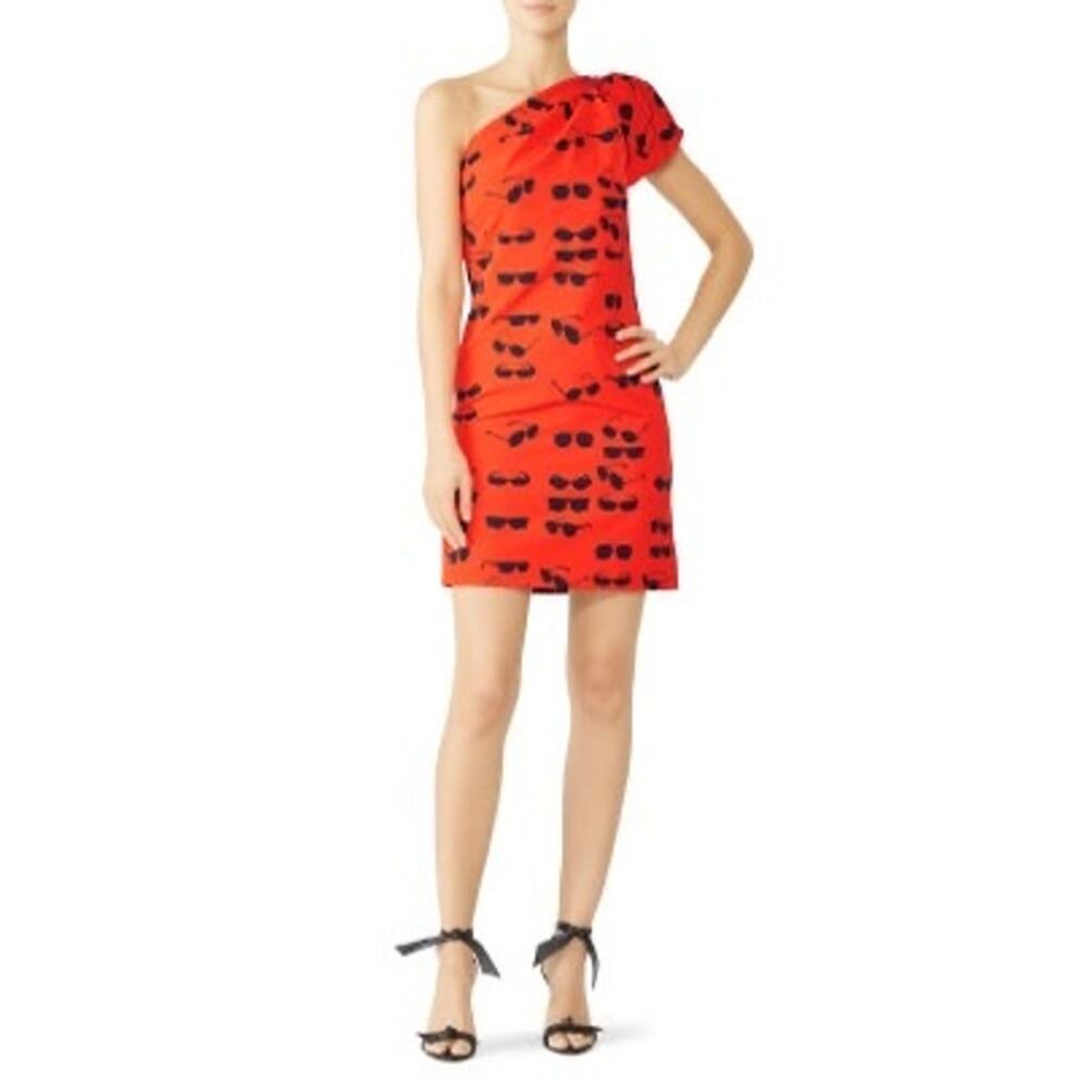 VICTORIA VICTORIA BECKHAM Red Printed Sunglasses One Shoulder Dress Size 4